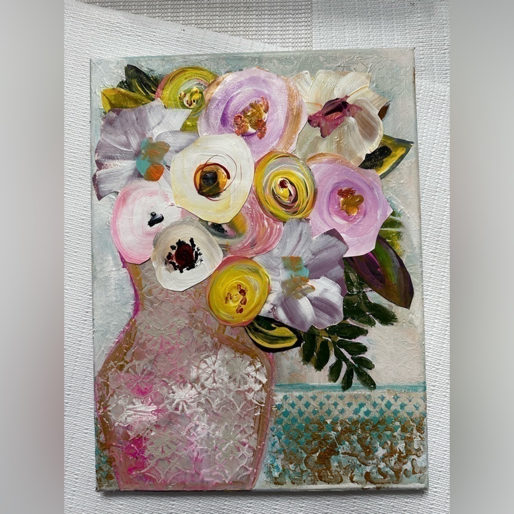 RUBYRUDI Artisan Collage Painting Art Mixed Media Acrylic on Canvas OOAK 12x16 - Picture 3 of 12